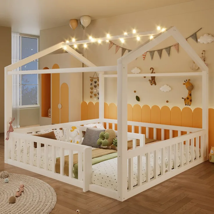 Hausbett mit LED Kugel-Lichterkette, 90x190cm*2/180x190cm, Kinderbett mit Rausfallschutz und Lattenrost, Kiefer