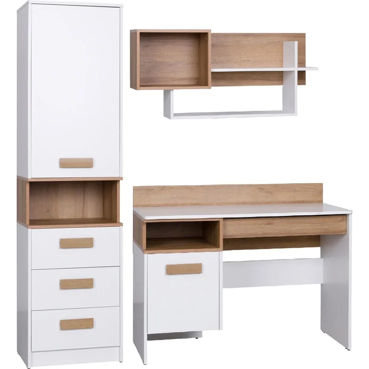 Marmex Möbel Grant Set-N Jugendzimmer-Set 3-teilig mit Schreibtisch, Wandregal, geschlossenes Regal mit Schubladen, Kinderzimmermöbel mit Schreibtisch, laminierte Spanplatte, Kleiderstange, weiß+riviera Eiche, 162x195x55 cm – Bild 5