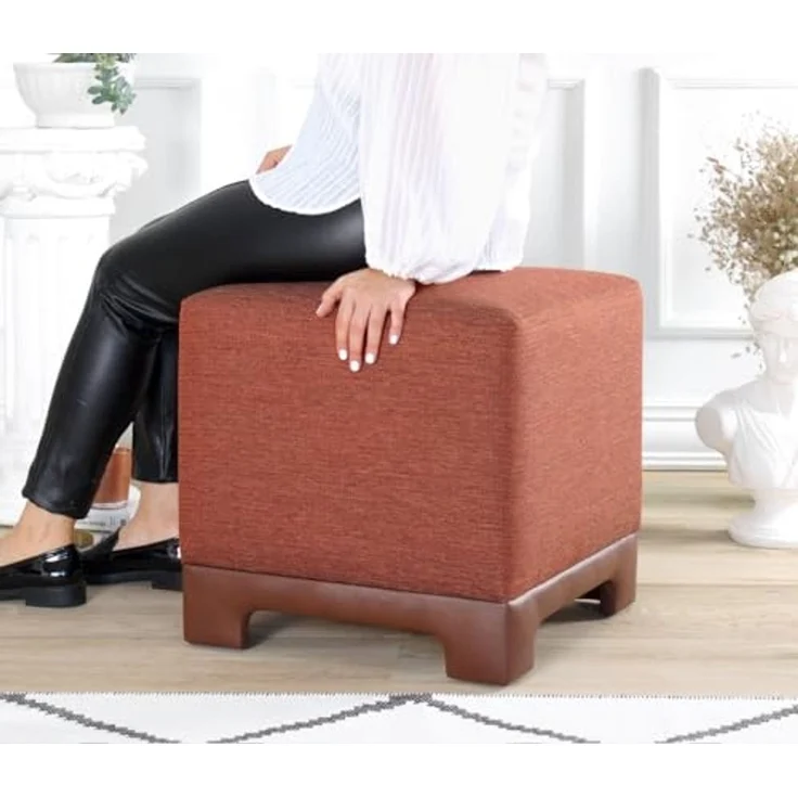 Atelier Del Sofa Stylish Tile Red Pouffe, 50x50x47 cm | 50% Cotton & 50% Linen, 35 DNS Orthopedic Sponge, 6 cm Thickness | Faux Leather Legs, Modern Comfort – Bild 3