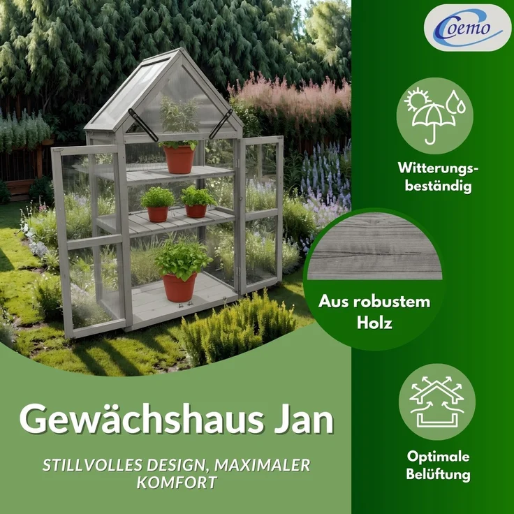 Coemo Gewächshaus Grau Jan mit aufklappbaren Türen und Dach 70 x 41 x 132 cm – Bild 3