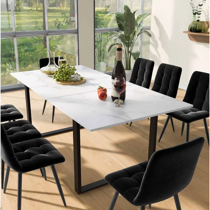 Esstischgruppe H 75 x T 80 x B 140/180 cm, ausziehbar, MDF in Weiß mit 8 gepolsterten Stühlen – Bild 4