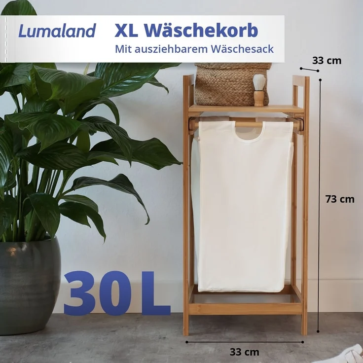 Lumaland Ausziehwäschekorb weiß, mit ausziehbarem Wäschesack, Wasserdicht, 33 x 33 x 73 cm – Bild 2