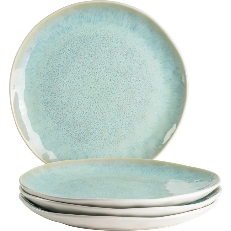 Modernes Speiseteller 4er-Set mit gesprenkelter Glasur und organischen Formen, 4 große flache Essteller aus Keramik im aufregendem Vintage Look; Grün – Bild 1