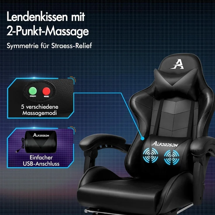 Gaming-Stuhl ALFORDSON Ergonomisch Massage PU Leder Schwarz 180kg – Bild 4