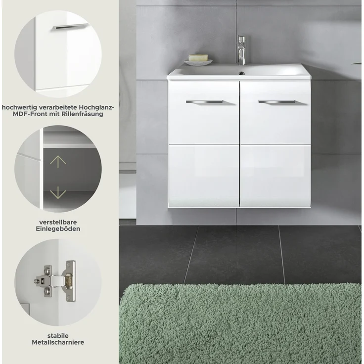 Waschtisch inkl. Waschbecken (B/H/T: 60x55x46 cm) in weiß hochglanz tiefzieh – Bild 8