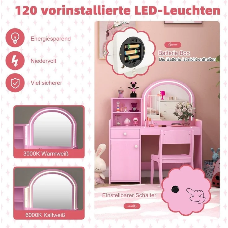 COSTWAY Schminktisch Kidner, mit Stuhl & LED Spiegel – Bild 2