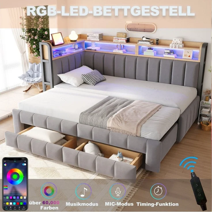 Celya Polsterbett Schlafsofa 90/180 × 200 cm Mit Ausziehbarem Bettteil und Schubladen (ohne Matratze, Mit LED-Beleuchtung, USB- und Typ-C-Anschlüssen), Mit Ablage und Staufächern, Samtstoff – Bild 3