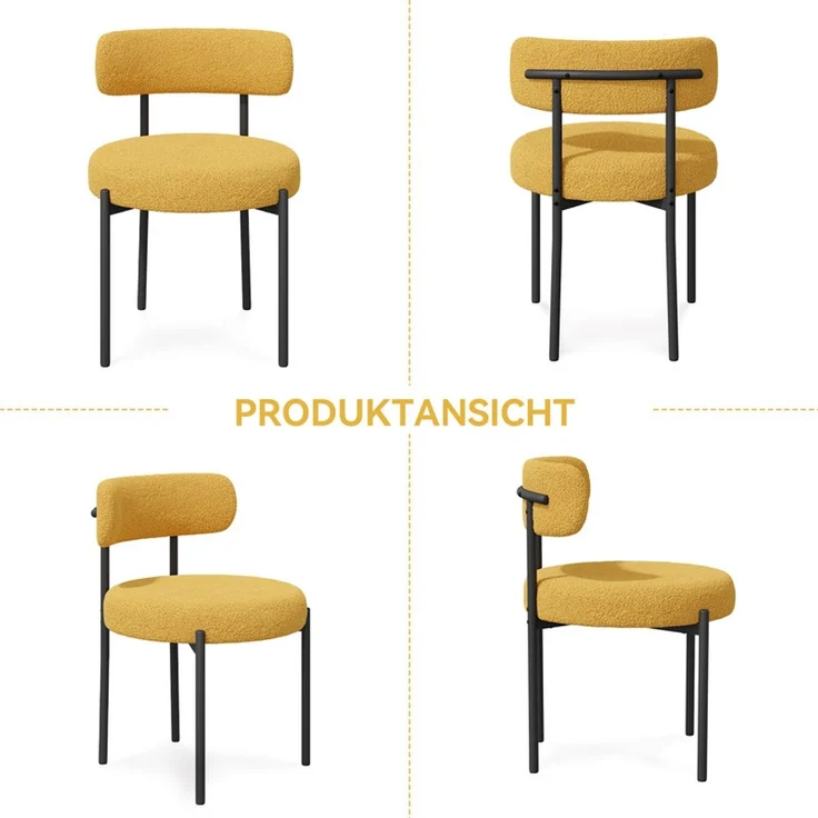 Hawthyhome Esszimmerstühle 2er Set Polsterstuhl mit runder Rückenlehne, Teddy Stoff Boucle Bezug, weich & kuschelig, ergonomisches Design, stabiles schwarzes Metallgestell, vielseitig für Esszimmer, Küche & Wohnbereich, Gelb – Bild 5