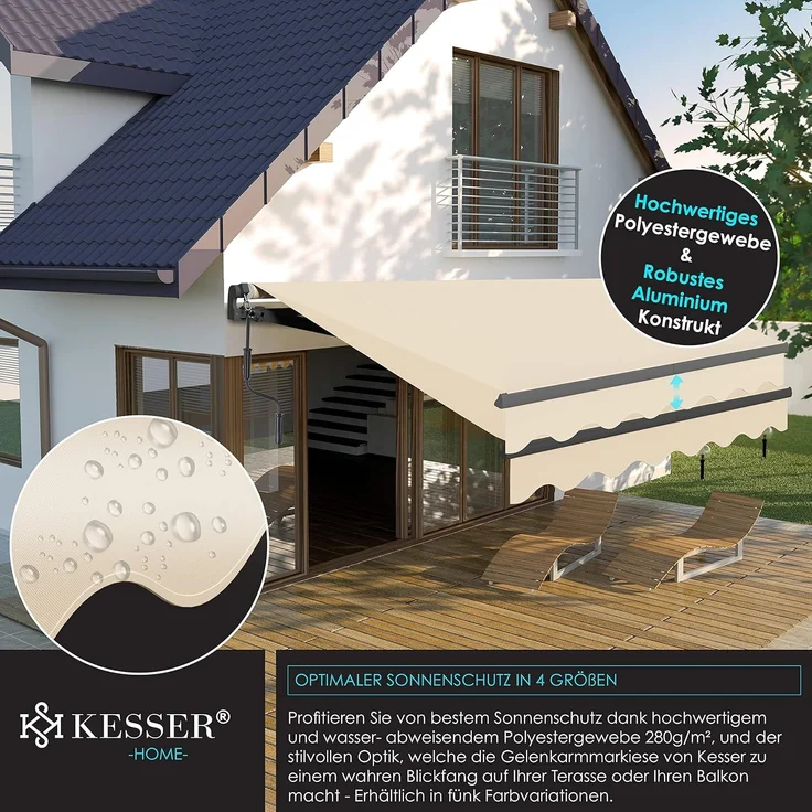 KESSER® Gelenkarmmarkise Markise Gelenkmarkise 300x250 cm Terrassenmarkise Klemmmarkise Sonnenmarkise inkl. Wandhalterung Sonnenschutz Balkonmarkise wasserabweisend Alu/Polyester, Beige – Bild 8