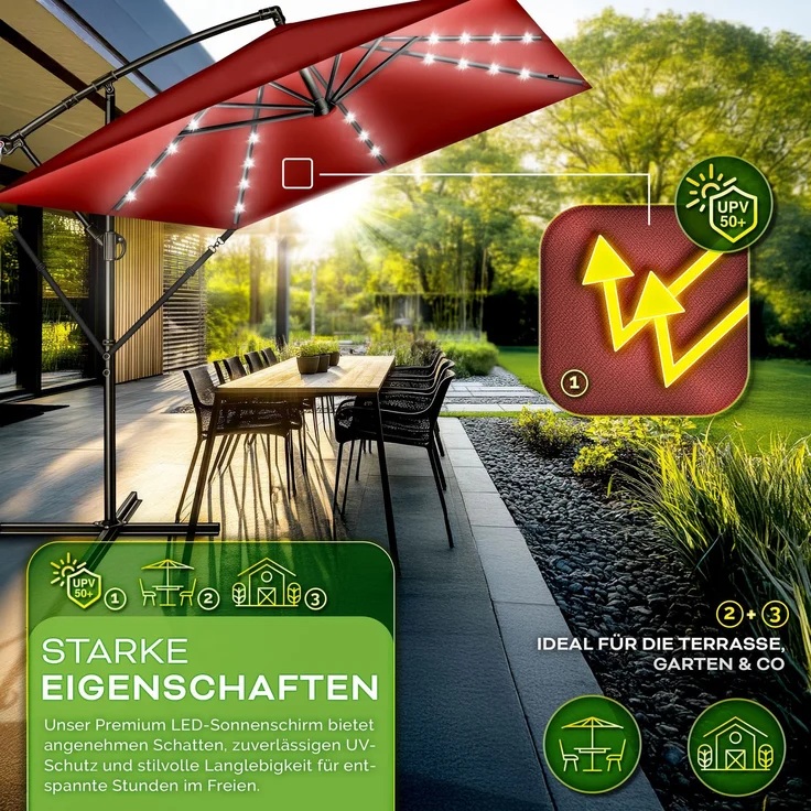 tillvex® Alu Sonnenschirm Rechteckig Ø 330 cm mit LED Solar Rot + Abdeckung mit Kurbel | Ampelschirm mit Ständer & Windschutz | Gartenschirm UV-Schutz, wasserdicht, 360° drehbar | Kurbelschirm Marktschirm – Bild 3