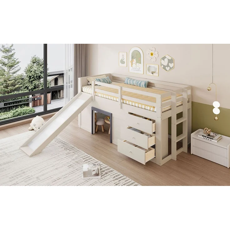 Merax Etagenbett Hochbett 90x200cm mit Rutsche, Kinderbett Hausbett mit 3 Schubladen, mit Rausfallschutz und Lattenrost, Stockbett Creme – Bild 8