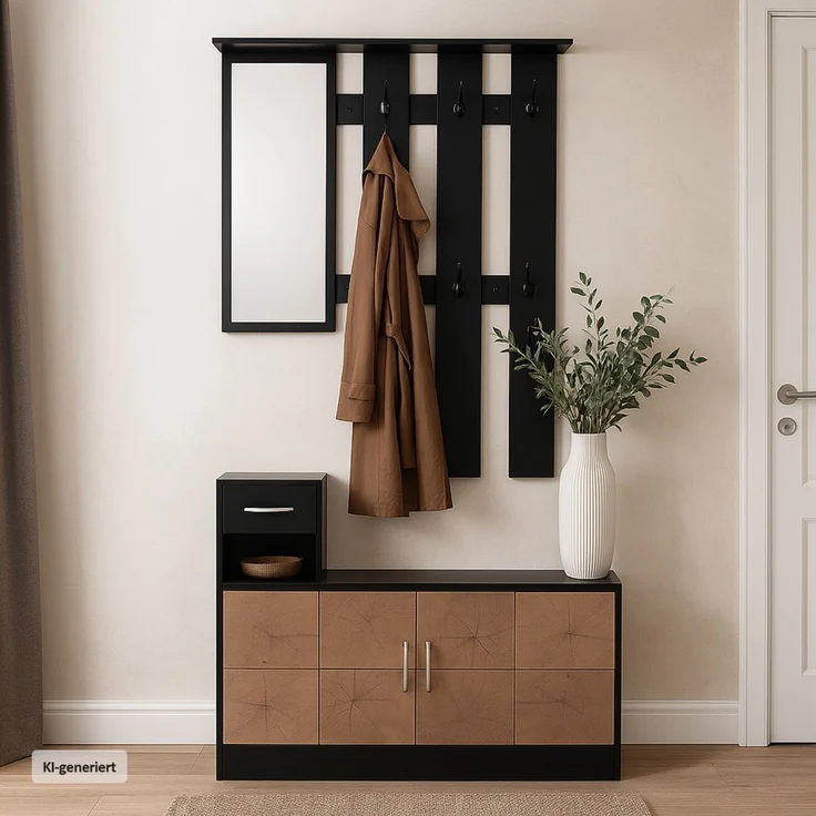 Garderobenpaneel mit Spiegel und Schuhschrank Schwarz-Baumscheibe – Bild 2