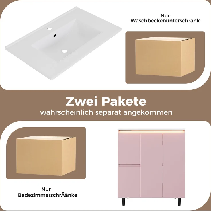 76*47*89cm, freistehender Badezimmerwaschtisch, komplett lackiert, LED-Radarsensorleuchte, Soft-Close-Scharniere, integriertes Waschbecken, hohes Fußdesign, rosa. – Bild 10