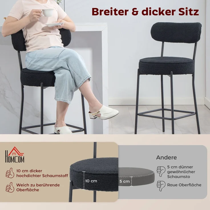 MELAYR, 2er-Set Barstühle mit Polstersitz und Fußstütze, Fleece-Bezug, Metallrahmen, Schwarz, 52 x 49 x 95 cm – Bild 6