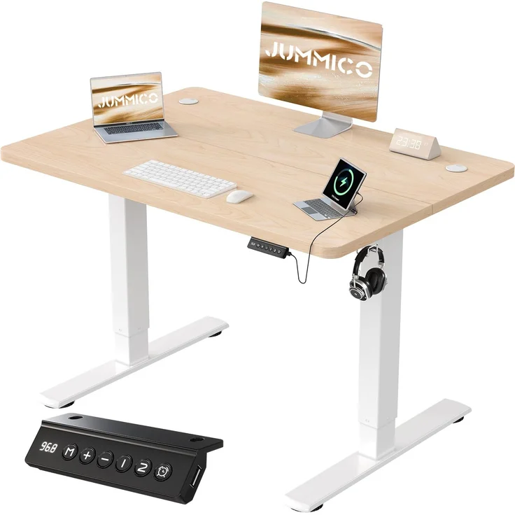 JUMMICO Höhenverstellbarer Schreibtisch mit USB-Ladeanschluss,Schreibtisch Höhenverstellbar Elektrisch 90x60 cm, Steh-Sitz Tisch Stehpult Verstellbarer Computertisch,Standing Desk,Beige