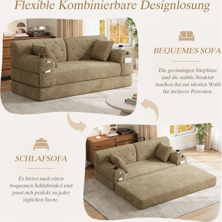 TavilaEcon 2-Sitzer Schlafsofa, komprimiertes Cord Sofa mit hoher Rückenlehne khaki 81 × 80 × 168 cm (H × T × B) – Bild 3