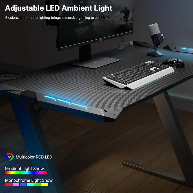 EUREKA ERGONOMIC Gaming Tisch Z1S Gaming Schreibtisch Gaming Computertisch PC Schreibtisch Gamer Mit RGB LED Beleuchtung Getränkehalter und Kopfhörerhalter Schwarz – Bild 6