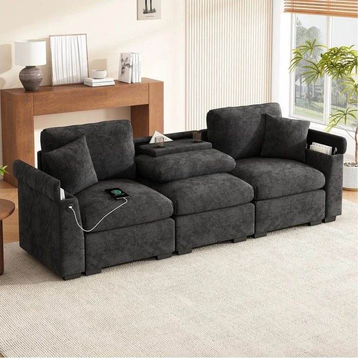 Merax 3-Sitzer Sofa aus weichem Chenille, Multifunktionssofa mit USB-Anschluss, für Wohnzimmer, Büro und Heimkino 1 Teile, XXL Sofa mit klappbarer Rückenlehne, Getränkehalter & Stauraum – Bild 5