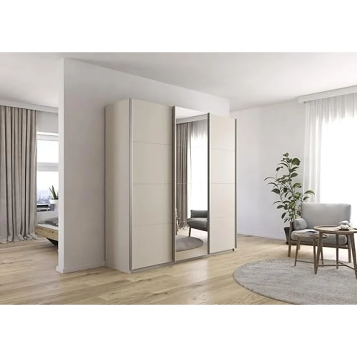 Rauch Möbel Kulmbach, Kleiderschrank mit Schwebetüren für Schlafzimmer, Kinderzimmer, Jugendzimmer, Garderobe, Flur, 3-türig, mit Spiegel, Zubehör Basic, Farbe Beige, Breite 203 cm – Bild 2