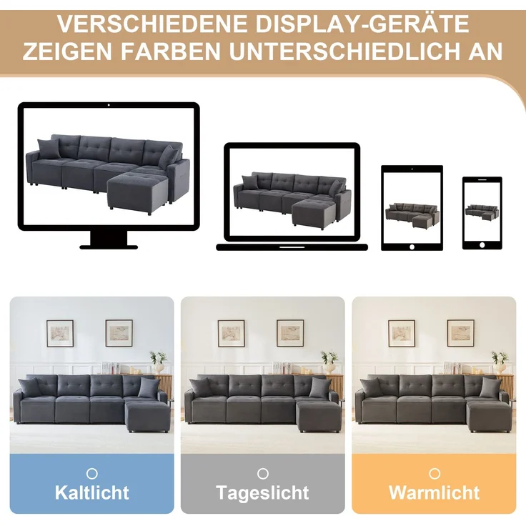 Merax 280cm Großes Sofa, 4-Sitzer Corduroy Sofa, mit Stauraum unter den Sitzflächen, inklusive eines frei platzierbaren Hockers, Grau – Bild 7