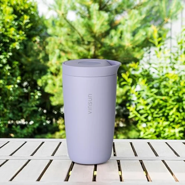 Vinsun Thermobecher Edelstahl Isolierbecher 350ml - Kaffeebecher to Go auslaufsicher, 2-tlg, Edelstahl, Doppelwandig, BPA frei, bruchfest, Einhandbedienung per Knopfdruck – Bild 11