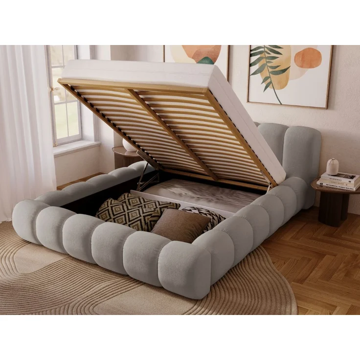 GRAINGOLD Doria Doppelbett 180x200, mit Kopfteil, Lattenrost, Bettkasten, Velour-Stoff, Hellgrau – Bild 4