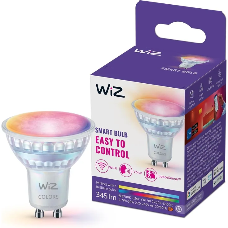 WiZ Smart LED Glass GU10 Spotlight, Full Color and Tunable White, 50 W Äquivalent, 2200–6500 K, 345 Lumen, dimmbar, kompatibel mit Alexa, Google Assistant und Apple Home, 1er-Pack