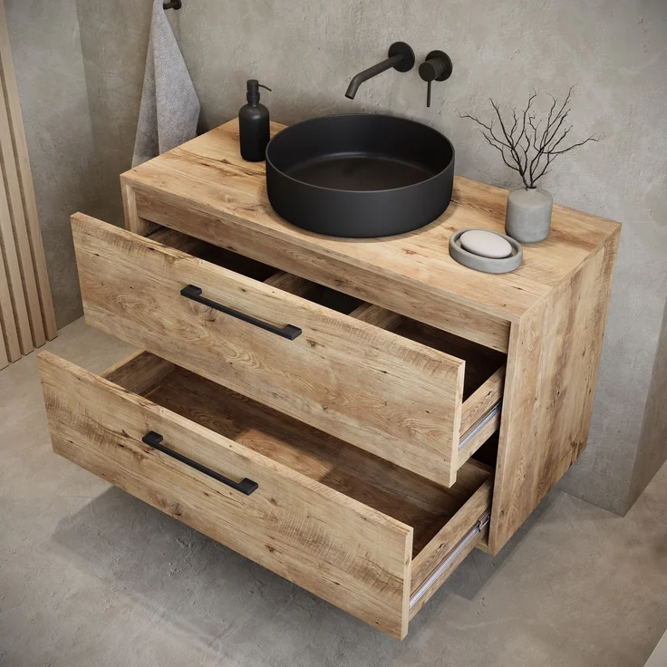 Badplaats Waschtischunterschrank Florence 80 x 46 cm – Kastanie Eiche – Hängender Unterschrank mit 2 Schubladen und schwarzen Griffen – Bild 3