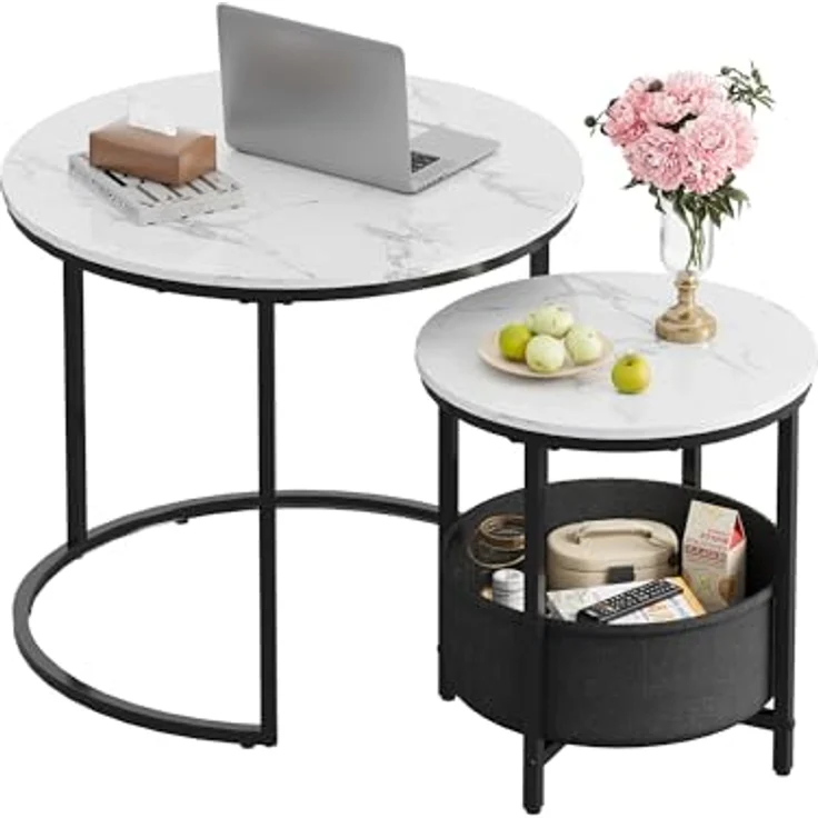 WLIVE Couchtisch 2er Set, Beistelltisch Rund mit Stauraum, Wohnzimmertisch Holz mit Metallrahmen, Sofatisch für Wohnzimmer Schlafzimmer, (Marmor Weiß, 60 cm und 40 cm Durchmesser) – Bild 2