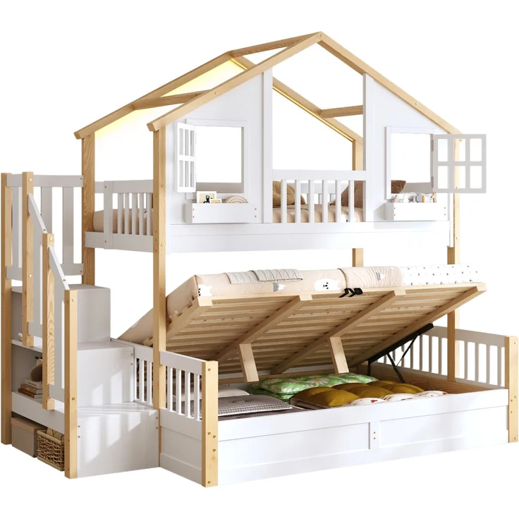 Merax Etagenbett, Kinderbett, 90*200+140*200cm, Holzbett, Hausbett, mit hydraulischem Unterbett, Hochbett mit LED und Stauraumtreppe, weiß+Naturfarbe – Bild 10
