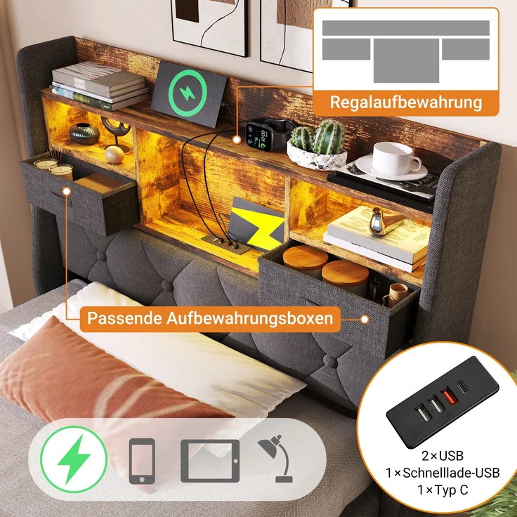 Polsterbett, Hydraulischer Stauraum LED-Kopfteil 4x USB/Type-C Anschlüsse inkl. Lattenrost, Leinen, Grau, 90x200cm – Bild 6