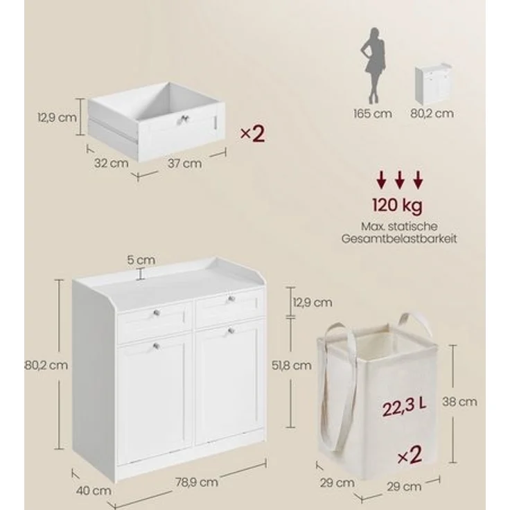 Vasagle Badschrank mit Wäschekörbe, Holzwerkstoff weiß, 40 x 78,9 x 80,2 cm – Bild 5