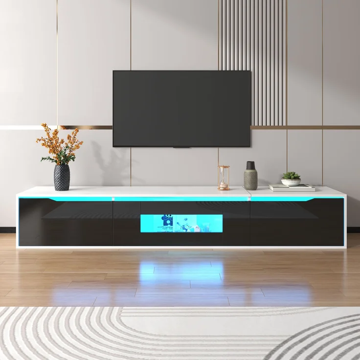 TV-Schrank, Hochglanz mit LED-Beleuchtung & geriffelten Türen, 180x35x30 cm, Weiß/Schwarz – Bild 2