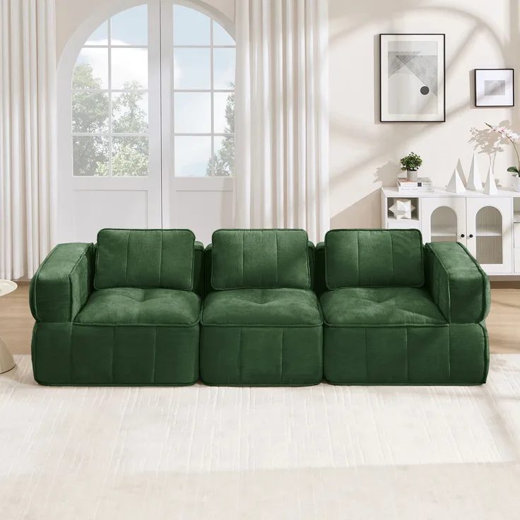 EINHOM Modulares 3-Sitzer-Sofa, stützenloses Design, 32D-Schaumstoff hoher Dichte, bequemer Stoff, geeignet für das Wohnzimmer, rutschfestes Design, keine Montage erforderlich, Grün