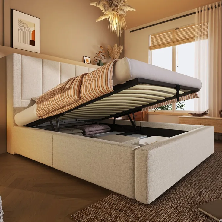 Polsterbett 90x200 cm Einzelbett mit verstecktem Becherhalter & Ladestation, Hydraulisches Bett mit Stauraum unter dem Bett, Inkl. Lattenrost, Leinen Beige (Ohne Matratze)