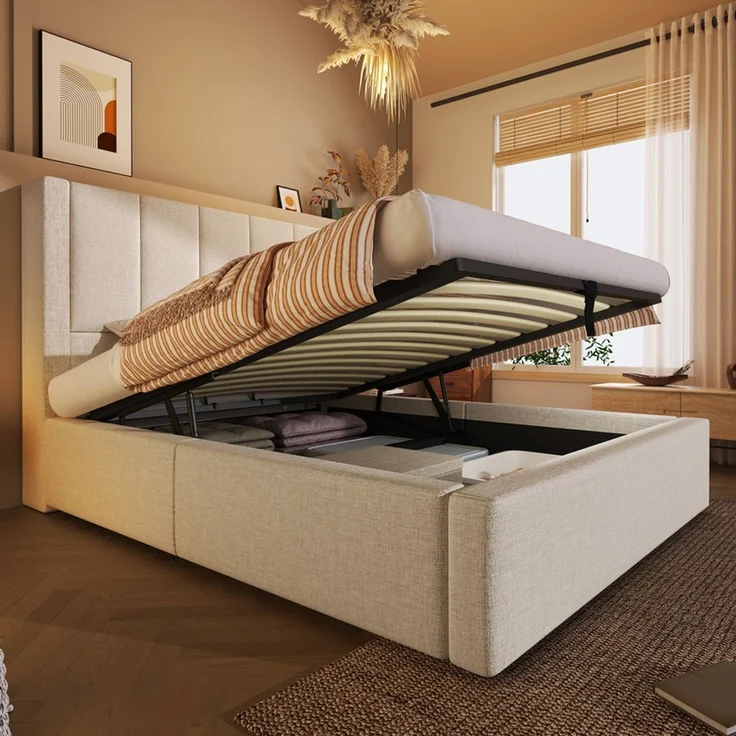 Polsterbett 90x200 cm Einzelbett mit verstecktem Becherhalter & Ladestation, Hydraulisches Bett mit Stauraum unter dem Bett, Inkl. Lattenrost, Leinen Beige (Ohne Matratze) – Bild 1