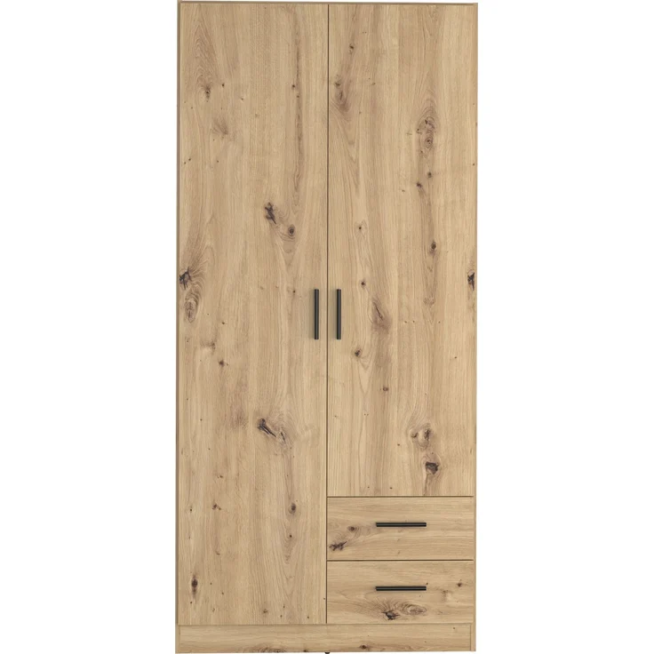 Forte JOAKIM Kleiderschrank 90, Skandi-Stil Schrank, 2-türig, 2 Schubladen, Einlegeböden, Kleiderstange, Holzwerkstoff, Artisan Eiche Holzdekor, 90,8 cm breit x 197 cm hoch x 54 cm tief – Bild 2