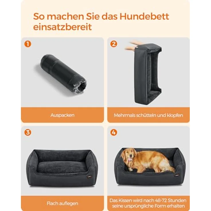 Feandrea Hundebett, Hundekissen in Leinenoptik, Hundekorb, erhöhte Ränder, rutschfeste Unterseite, Bezug abnehmbar waschbar, XL, für große Hunde, 110 x 75 x 27 cm, dunkelgrau PGW012G01 – Bild 9
