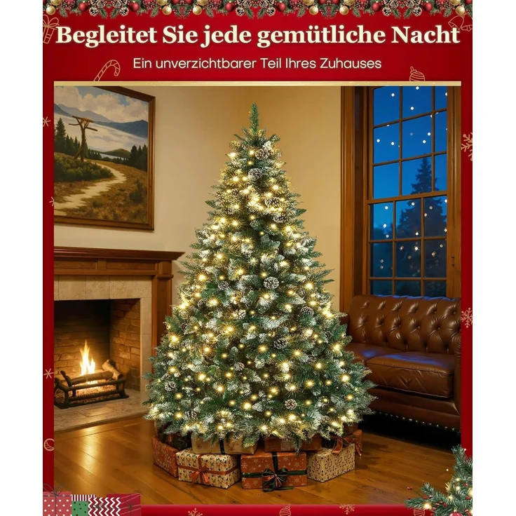 Yorbay Künstlicher Weihnachtsbaum Künstlicher Tannenbaum mit LED Beleuchtung, Schnee, Kiefernzapfen, 150 / 180 / 210 cm auswählbar, mit Ständer, Weihnachtsbaum Christbaum für Weihnachten-Dekoration – Bild 9