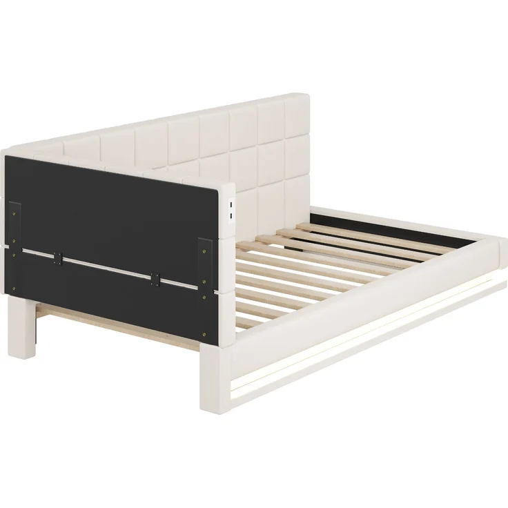 Merax Daybett Einzelbett Polsterbett 90x200cm mit USB & LED, Tagesbett Schlafsofa mit Lattenrost, Jugendbett Gästebett Funktionsbett, Samt, beige – Bild 7
