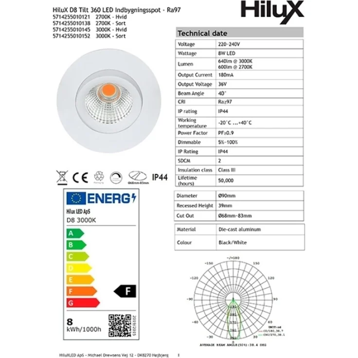 HiluX D8 Tilt360 Full Spectrum LED Einbau-Spot Ra97 3000K schwarz