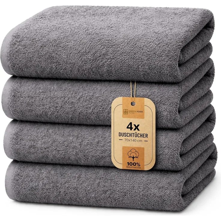 NatureMark 4er Pack Duschtücher, Größe 70x140 cm, Anthrazit Grau, 100% Baumwolle