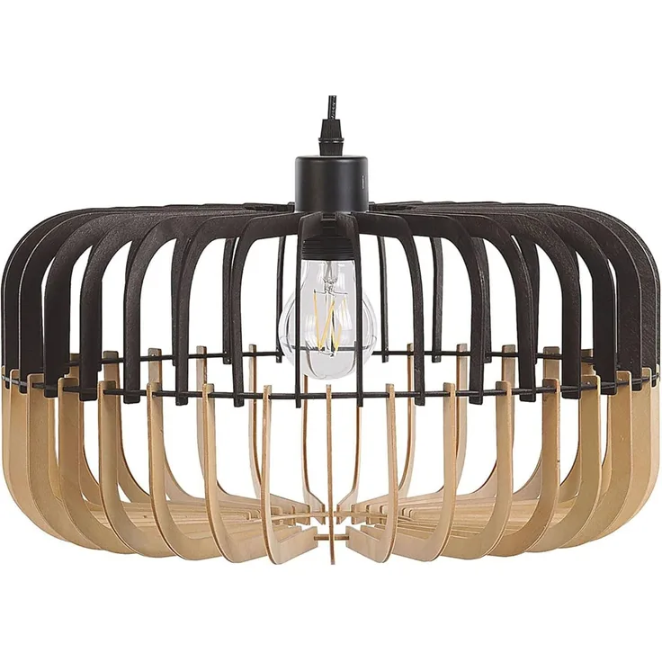 'Sous' Hängeleuchte heller Holzfarbton/Schwarz MDF-Platte/ Metall mit Schirm in Trommelform skandinavischer Stil für Kücheninsel Wohn- und Esszimmer