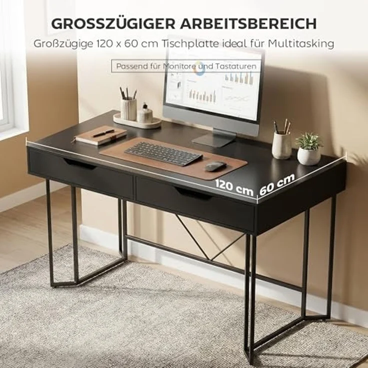 HOMCOM Schreibtisch mit 2 Schubladen (Bürotisch, 1-St, Computertisch), 120 x 60 x 77 cm Schwarz – Bild 6