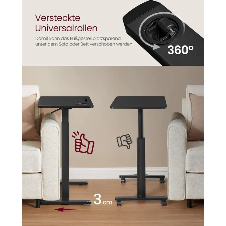 VASAGLE Beistelltisch mit Rollen, mobiler Stehtisch, 70x40 cm große Tischplatte, verstellbare Höhe, 2 Getränkehalter, Schlitz für Handy oder Tablet, tintenschwarz LSD600B01 – Bild 4