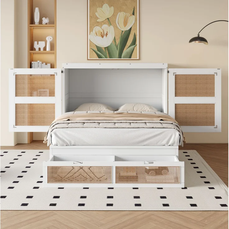 CHICFURN Bett aus Holz Weiß 140x200 cm mit Stauraumschubladen und Rattan-Design – Bild 3