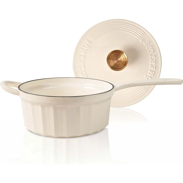 RÖMERTOPF Bratentopf Gusseisen Stielkasserolle 22cm Creme, Gusseisen (Set, 2-tlg, Set mit Deckel), Gleichmäßige Hitze, alle Herdarten, Backofenfest bis 250 °C – Bild 1