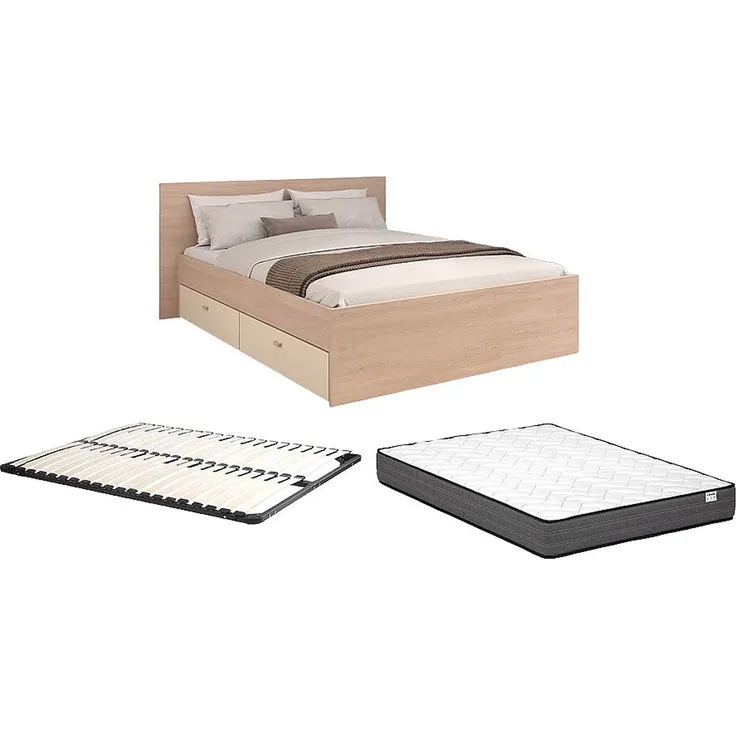 Vente-unique - Bett mit 2 Schubladen – 140 x 190 cm + Lattenrost + Matratze – Natur & Beige – VELONA