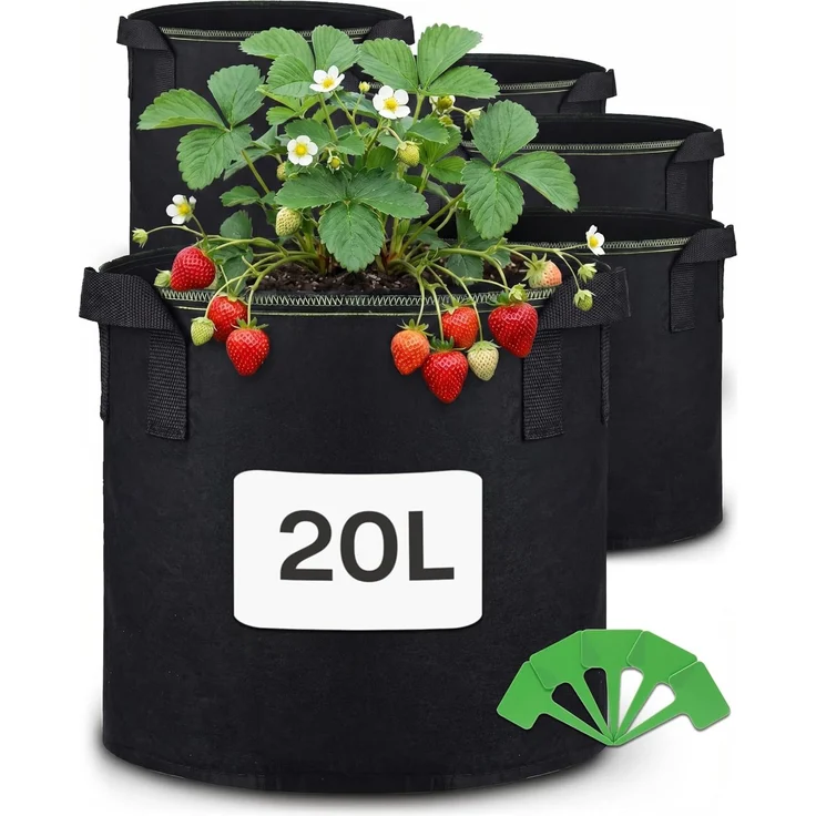 Praknu Pflanzkübel Pflanzsack 20l - 5 STK aus Vliesstoff mit Schilder zum Beschriften (5er Set, 5 St), mit Griff - Für Gemüse, Pflanzen & Blumen - Stofftöpfe - Grow Töpfe
