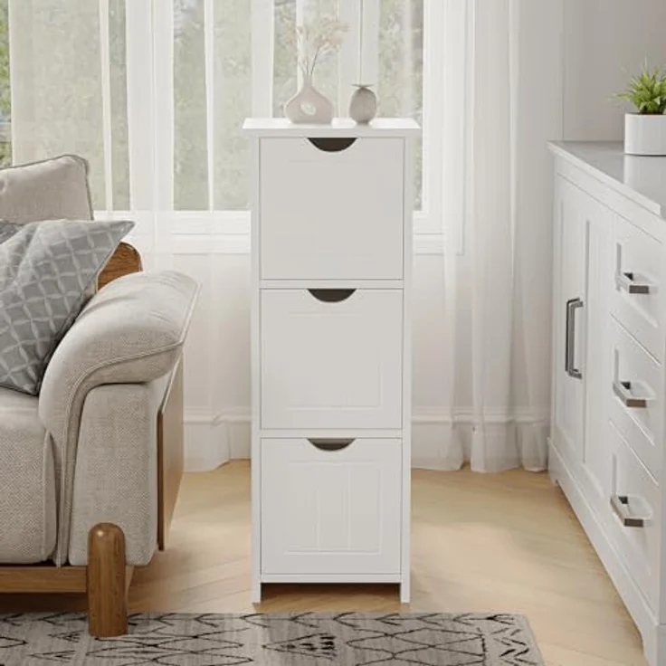 Sweetcrispy Badezimmerschrank schmal modern, Badkommode mit 3 Schubladen, Hochglanz Weiß, großer Stauraum, Badezimmer Kommode, 32 x 30 x 81cm – Bild 9
